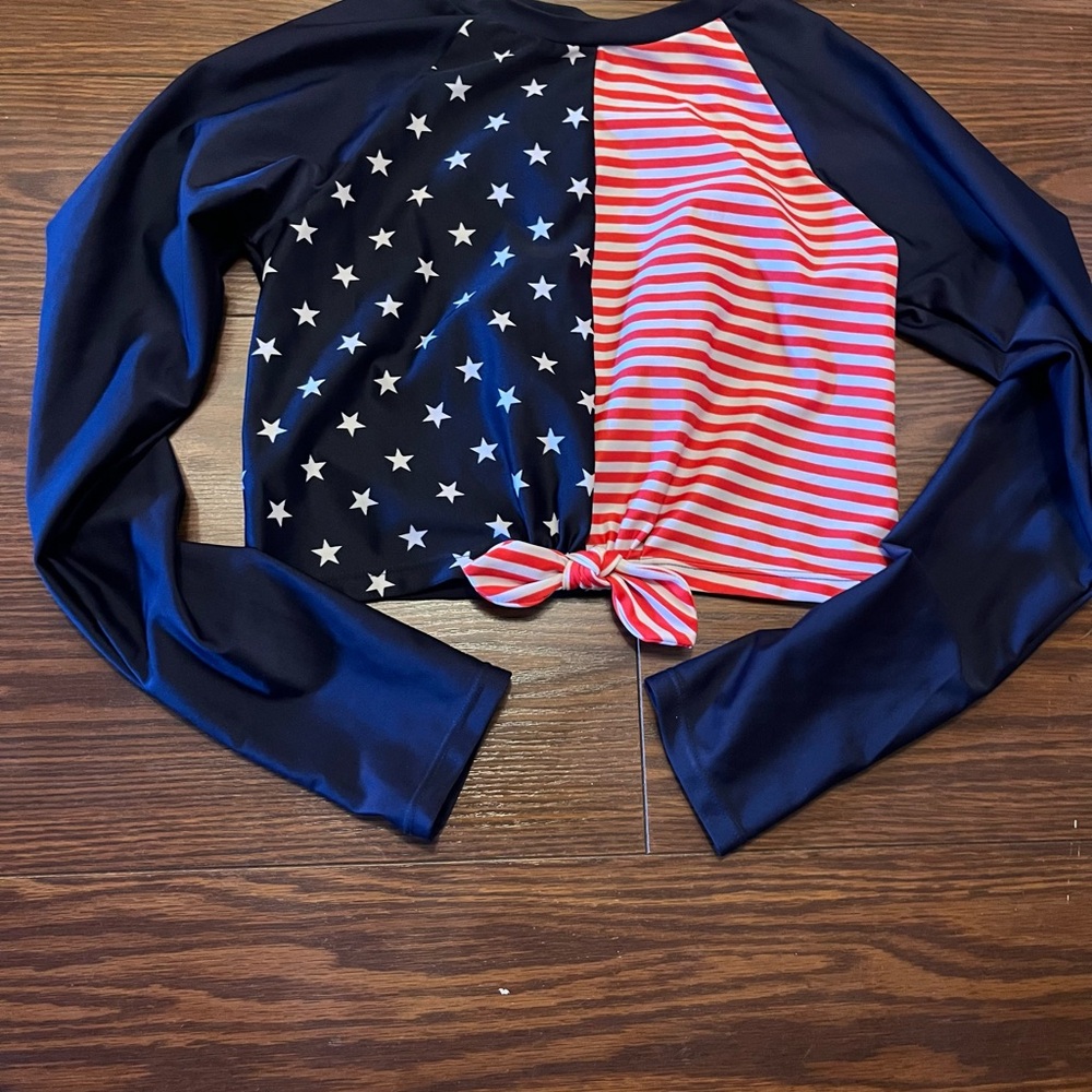 Girls long sleeve swim Rashguard USA Patriotic Star and Stripe top